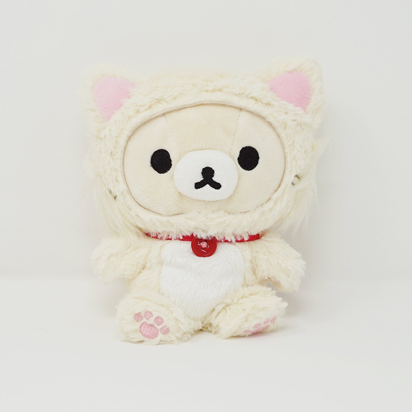 2015 Korilakkuma Fuzzy White Cat with Red Ribbon Plush - Rilakkuma Relaxing Cat Theme - San-X