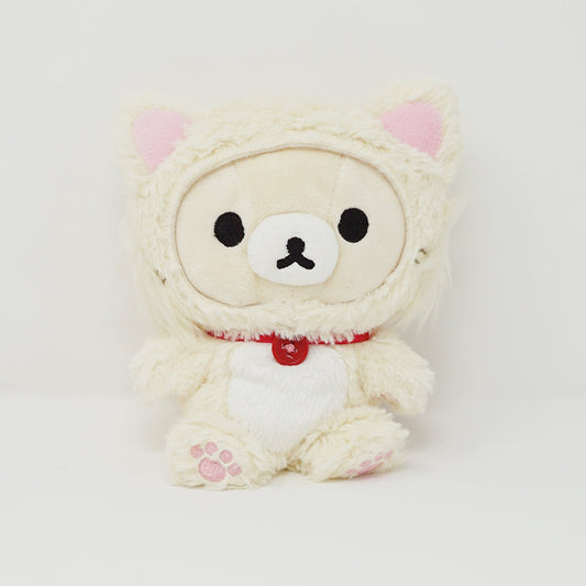 2015 Korilakkuma Fuzzy White Cat with Red Ribbon Plush - Rilakkuma Relaxing Cat Theme - San-X